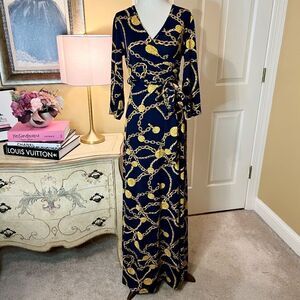 NWT Mother Bee Maternity Navy Blue Gold Chain Jersey Long Maxi Dress Size XL